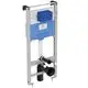 WC-Element von Ideal Standard mit einer blauen Rückwand, Metallrahmen und Anschlüssen für Sanitärrohre an der Unterseite.